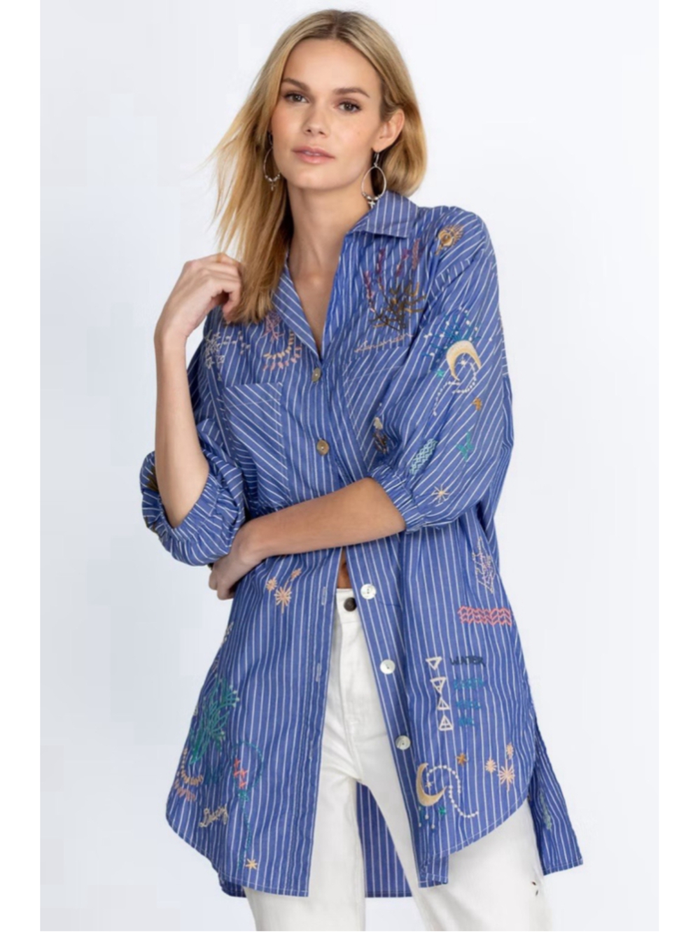 JOHNNY WAS Embroidered Sezane Weekend Shirt XL Blue Striped Oversized Artsy